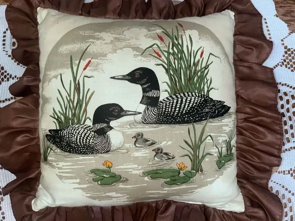 Vintage Loon Lake Tapestry Decorative Accent Pillow with Brown Ruffle Trim